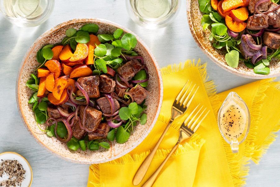 Vietnamese shaking beef with filet mignons and muoi tieu chanh sauce