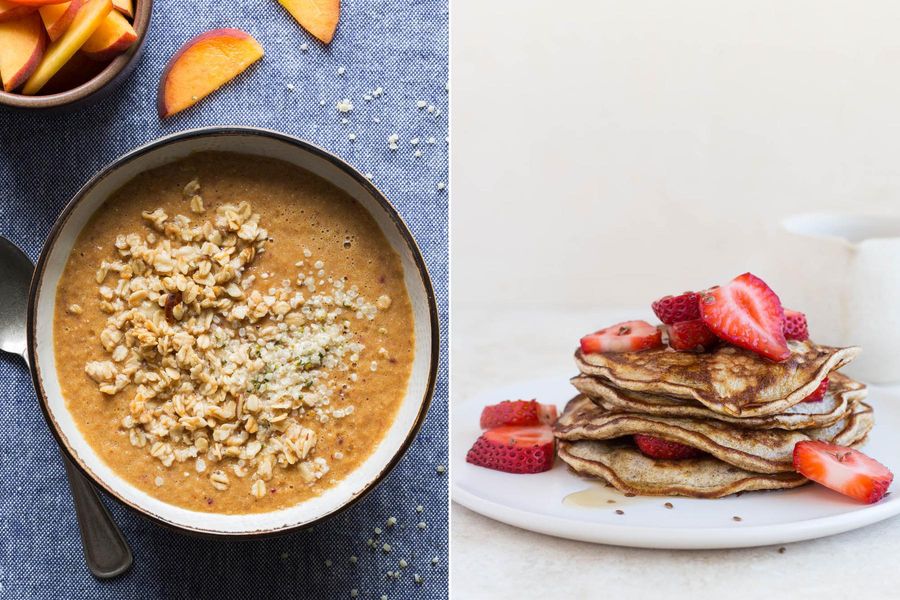 Peach smoothie bowls with granola topping & Whole grain pancakes with strawberries