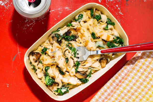 Cheesy chicken Tetrazzini with braised kale