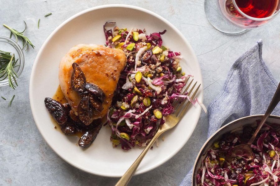 Pork chops with fig sauce and quinoa–dried cherry salad