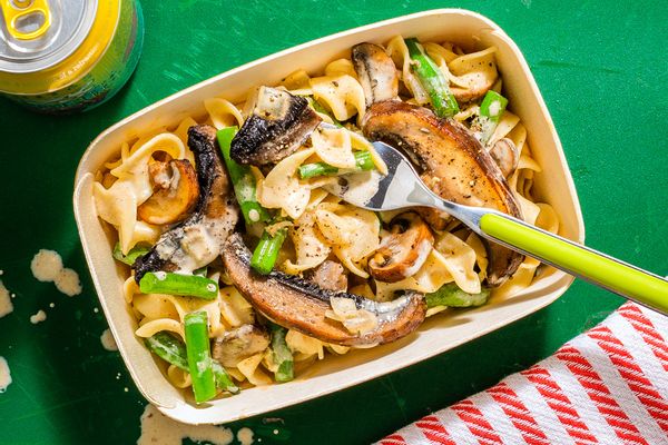 Portobello mushroom stroganoff over egg noodles
