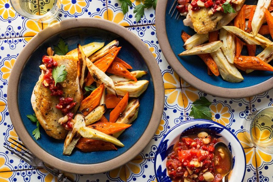 Catalan roasted chicken and root vegetables with salbitxada sauce