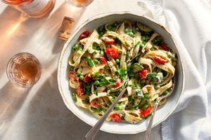 Fresh fettuccine primavera with creamy feta sauce