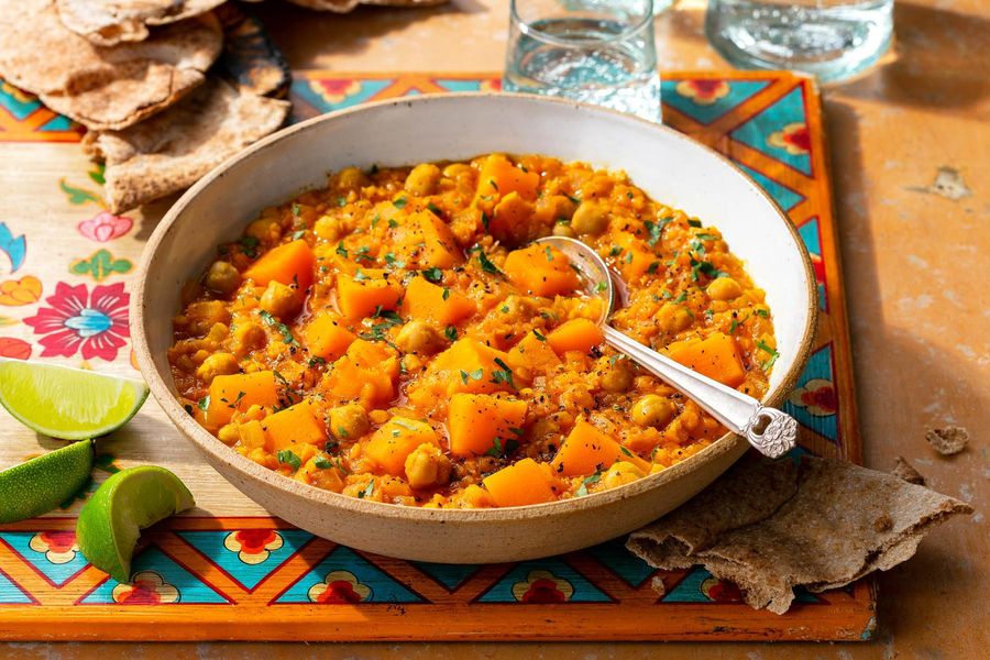 Red lentil and chickpea dal with butternut squash and pita