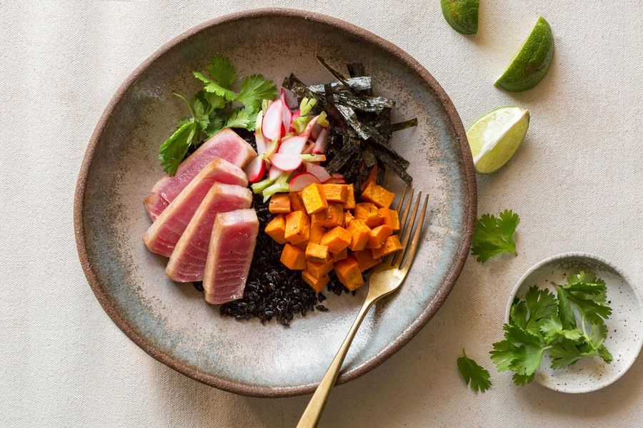 Seared tuna and black rice bowls with roasted sweet potato and nori