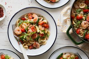 Pasta with shrimp, pancetta, and roasted summer vegetables