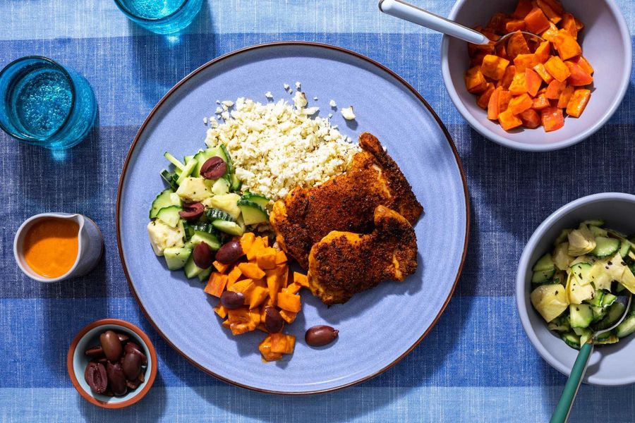 Mediterranean meze platter with chicken and spicy tahini dressing