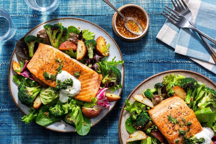 Salmon with roasted new potatoes and charred broccoli