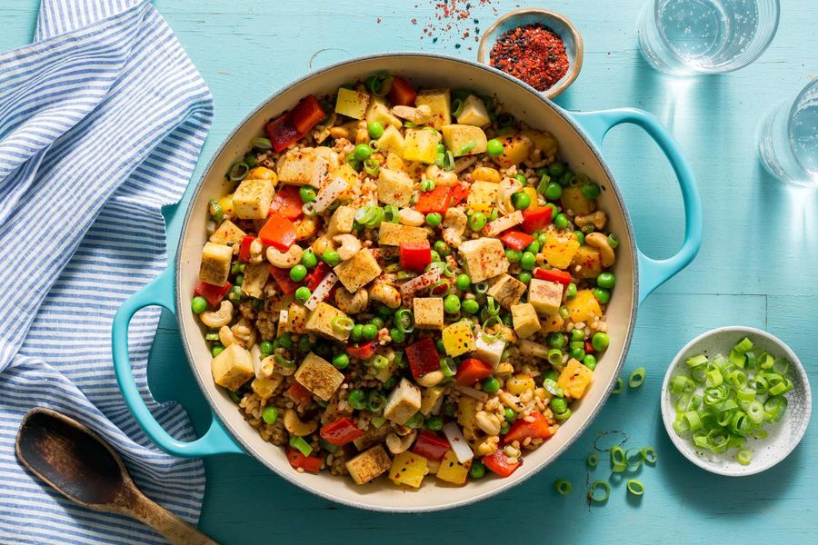 Pineapple fried rice with tofu, water chestnuts, and shichimi togarashi