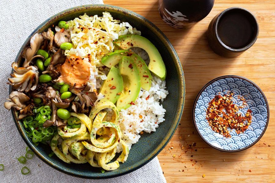 Japanese omelet rice bowls with maitake mushrooms and sambal mayo