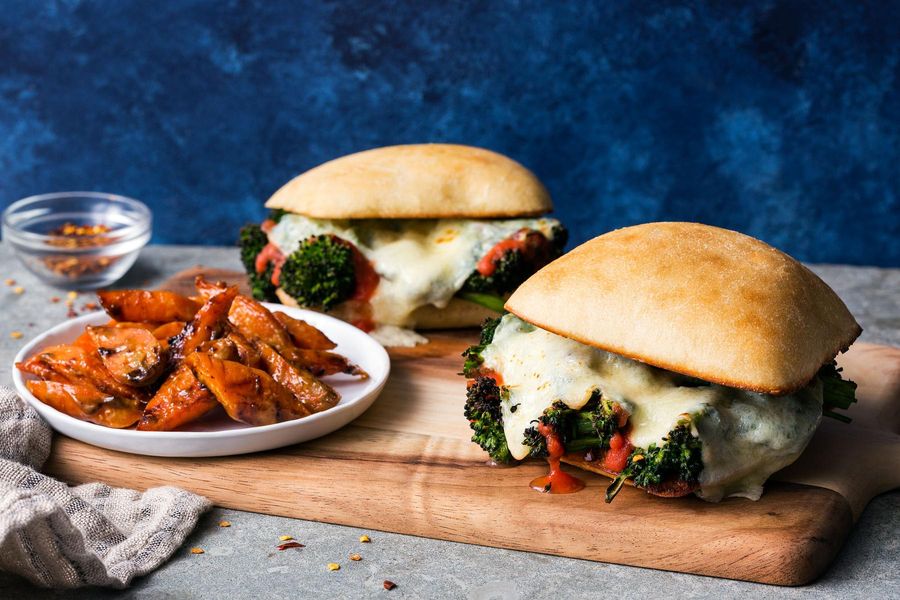 Broccoli-mozzarella panini with marinara and honey-glazed carrots