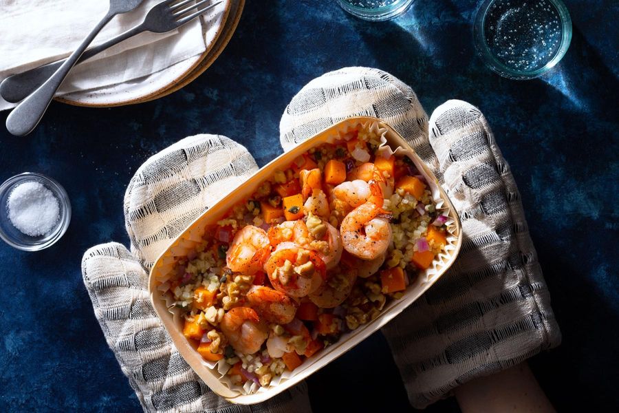 Cauliflower “risotto” with shrimp, butternut squash, and sage