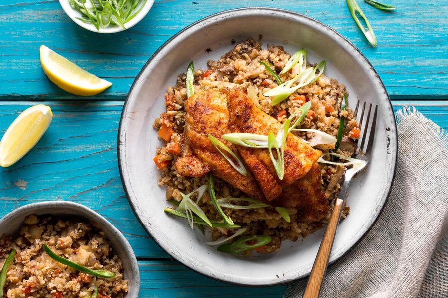 Cajun blackened sole and cauliflower-mushroom “dirty rice”