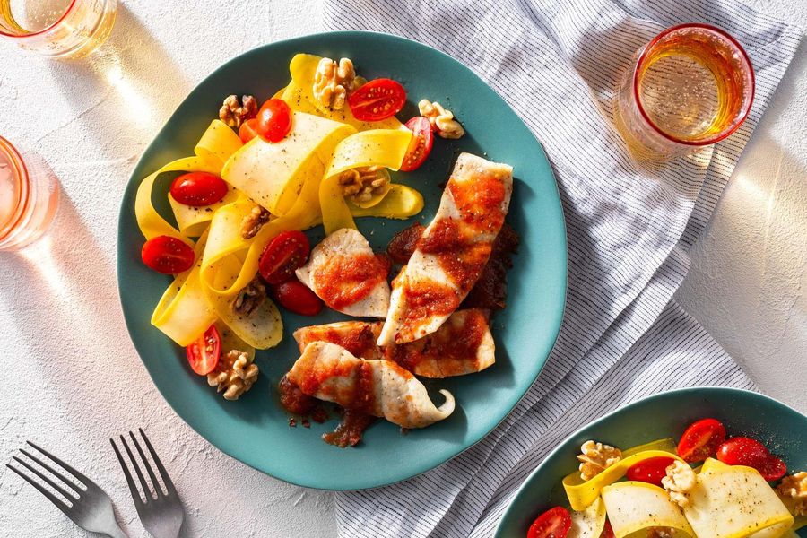 Spicy sole arrabbiata with squash ribbon salad
