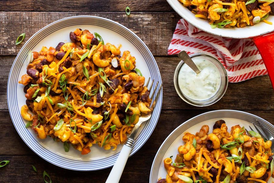 Two-bean chili mac ’n’ cheese with quinoa pasta