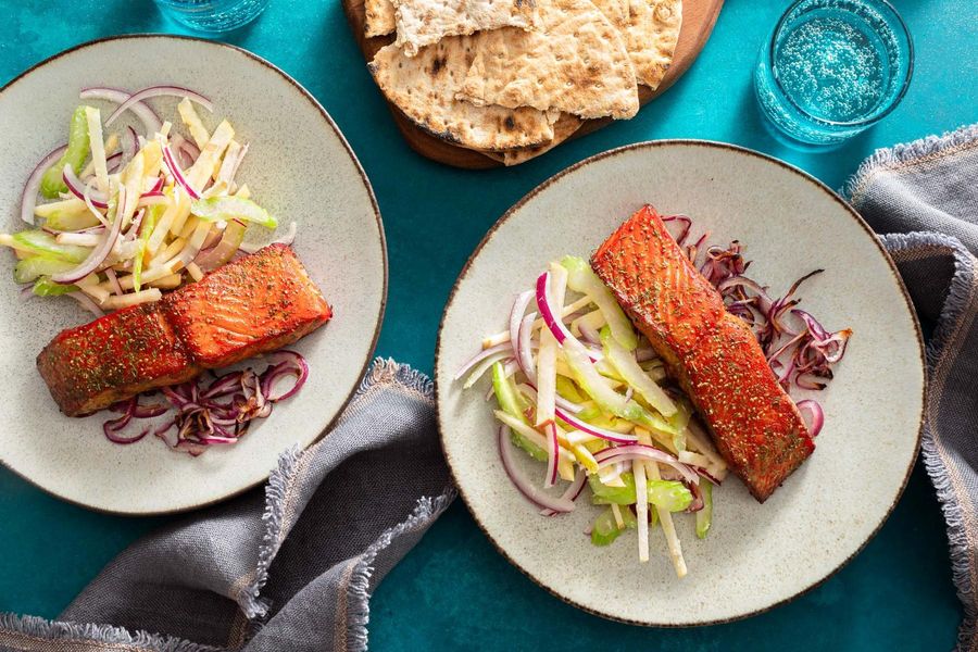 Scandinavian roasted salmon with horseradish-apple slaw and lavash