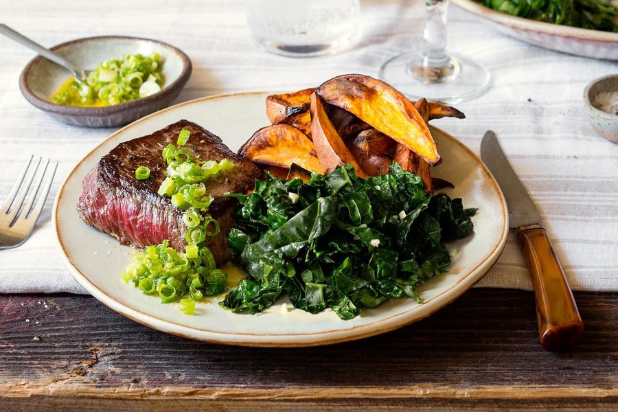 Steaks and roasted sweet potato with scallion-ginger relish