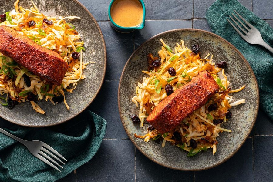 BBQ salmon and Southern-style rice salad with cabbage and cranberries