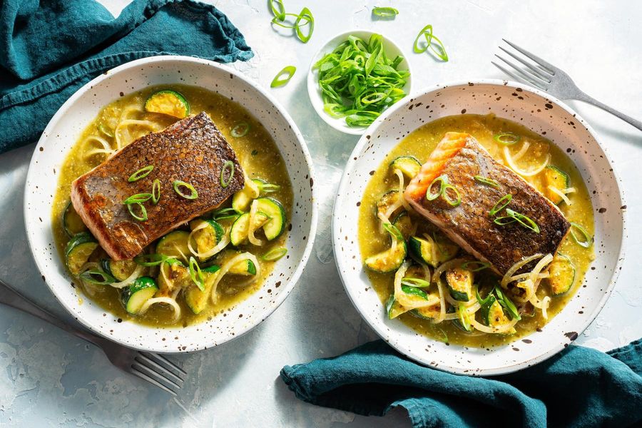 Yucatecan salmon with tomatillo verde sauce and zucchini