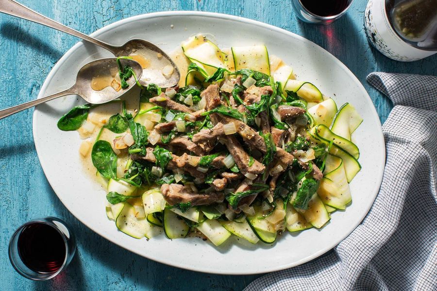 Beef stroganoff and spinach over zucchini “noodles”