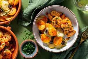 Garlicky shrimp tapas and Spanish potato salad with black olives
