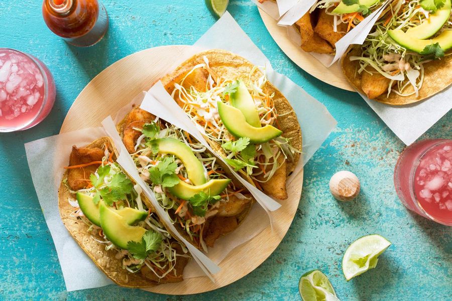 SoCal fish tacos with avocado, cabbage slaw, and lime yogurt