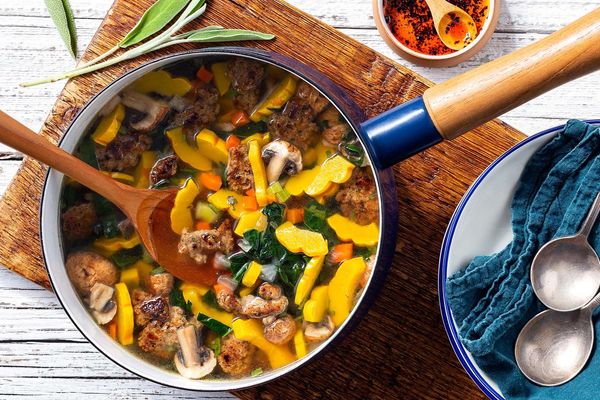 Simple autumn turkey soup with squash, kale, and Urfa chile oil
