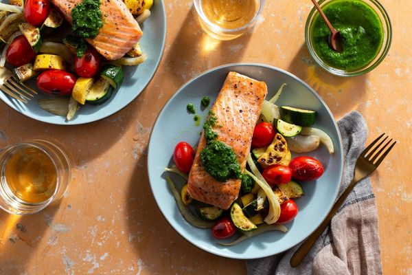 Seared salmon with chimichurri and Provençal vegetables