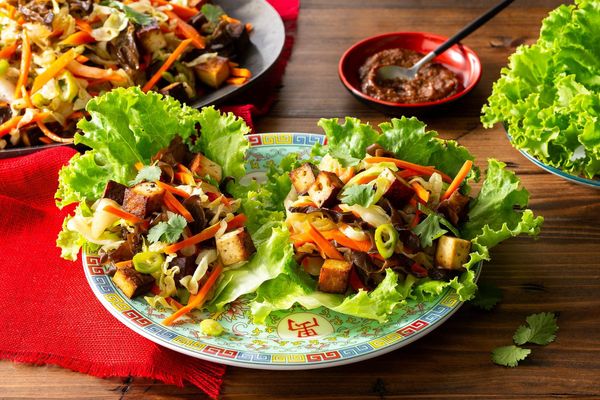 Mu shu lettuce cups with braised tofu and wood ear mushrooms