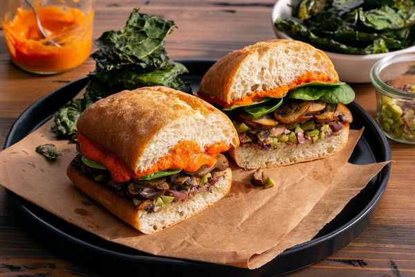Mushroom muffulettas with olive tapenade and kale chips