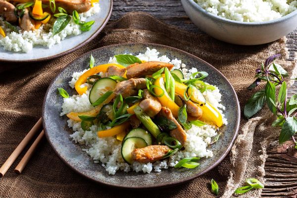 Chicken and basil stir-fry with jade rice