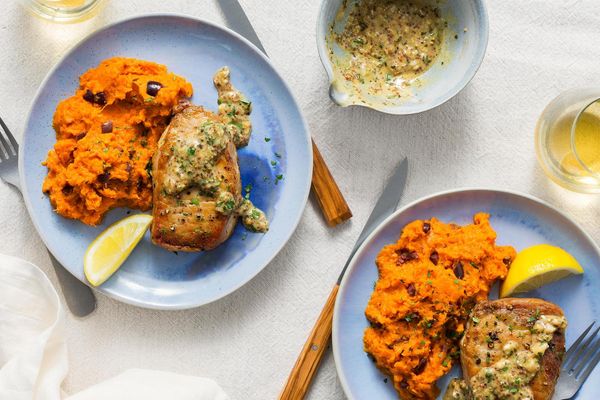 Pork chops with sherry vinaigrette pan sauce and sweet potato mash