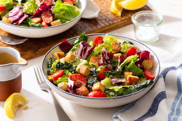 Vegan Caesar salad with tempeh croutons