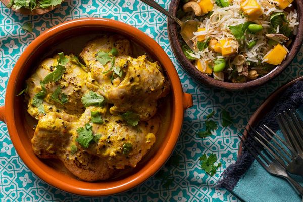 Tandoori-style curried lemon chicken with mango-cashew rice