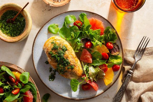 Seared chicken breasts with zhug and citrus-watercress salad