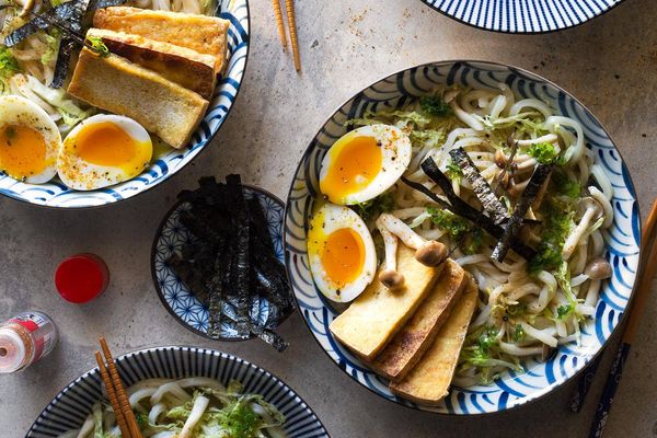 Udon soup with tofu, dashi, and soft-cooked eggs