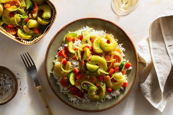 Thai green curry with shrimp, zucchini, and jasmine rice
