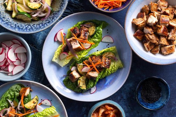 Speedy Korean BBQ chicken lettuce cups with kimchi