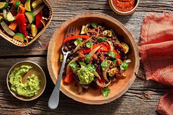 Tex-Mex black bean and quinoa bowls with guacamole