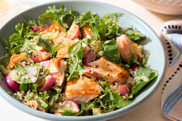 Simple salmon salad with quinoa, dill, and Dijon dressing