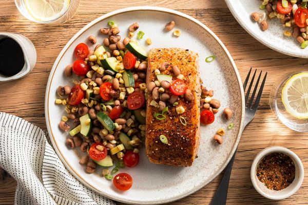 Togarashi-spiced salmon with Asian succotash