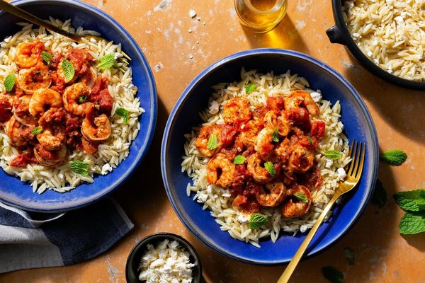 Greek shrimp with tomatoes, feta, and orzo