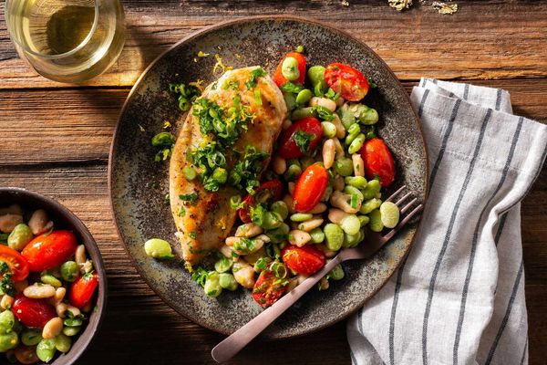 Chicken breasts with salsa verde and succotash