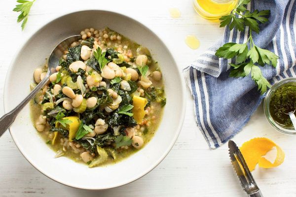 Butter bean and kale soup with fregola and pistou