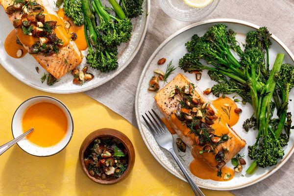 Roasted salmon and broccoli with almond-date tapenade