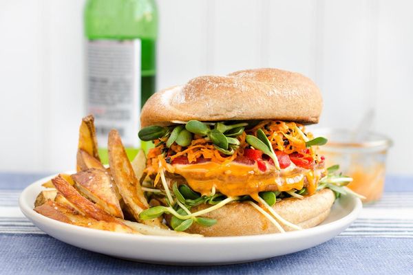 Hodo Soy tofu burgers with oven fries and sweet chile mayo
