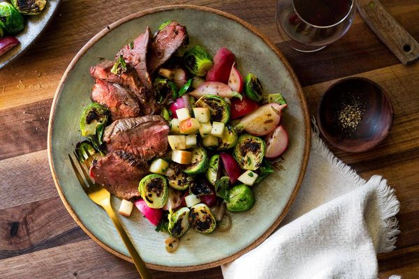 Steaks with balsamic-glazed radishes and Brussels sprouts
