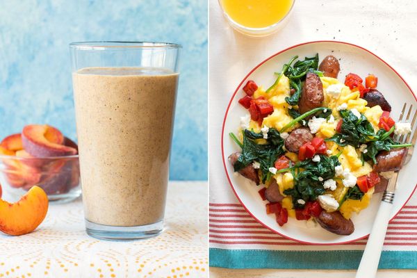 Peach-coconut smoothies & Sausage-spinach scramble