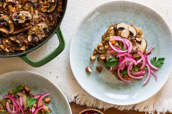 White bean and mushroom cassoulet with parsley-onion salad