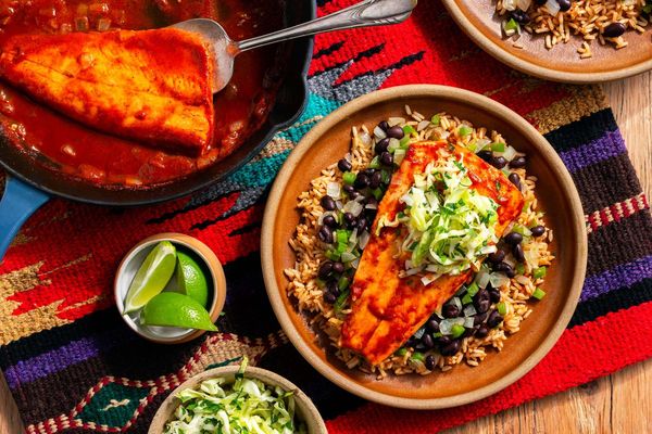 Southwestern-simmered sustainably farmed trout with “dirty” rice